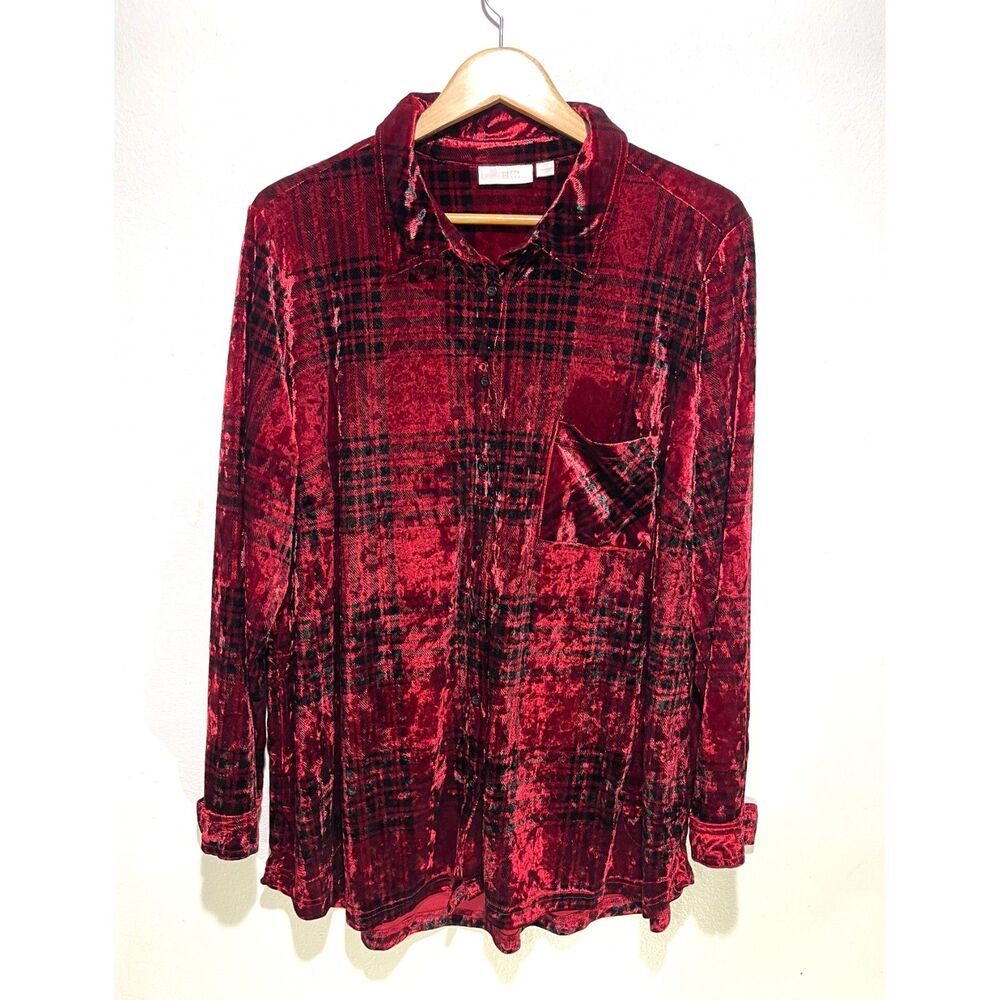 Belle by Kim Gravel velvet button up shirt red plaid long sleeve fest women 2X